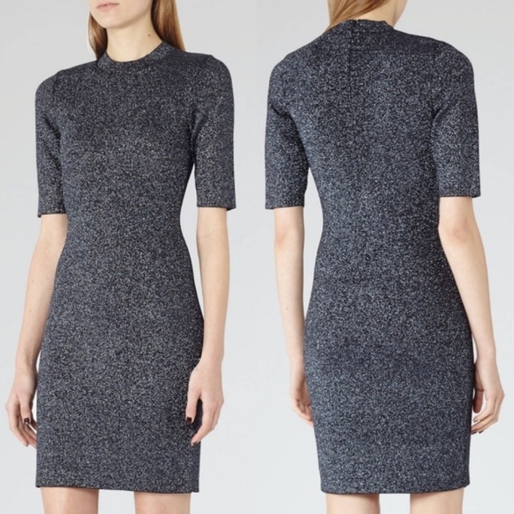 Reiss Lina Metallic Blue Black Body Con Party Dress Lurex 6
